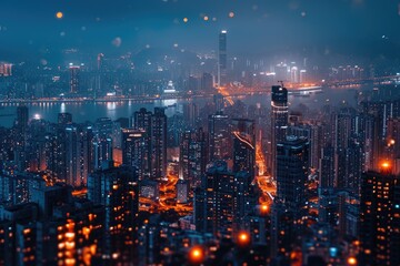 A photo capturing the lively cityscape at night, showcasing the numerous brightly lit skyscrapers and bustling streets, Panoramic view of a cityscape bursting with lights after dark, AI Generated