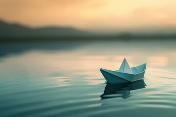 A small handmade paper boat gently floats on the calm surface of a tranquil lake, Paper boat floating in serene water, AI Generated