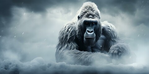 Silverback gorilla exudes strength and solitude in snowy landscape. Concept Wildlife Photography, Gorilla Portraits, Winter Scenes, Nature's Majesty, Animal Kingdom