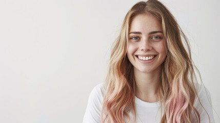 Naklejka premium A cheerful individual with a bright smile and trendy hairstyle is wearing a casual white t-shirt against a light background.