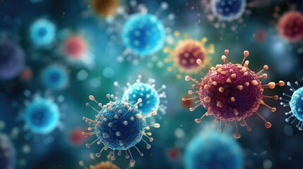 Digital illustration of virus particles in high detail, showcasing spikes on the viral envelope with a dramatic, dark background.