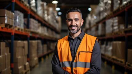 Portrait of a happy worker standing in warehouse distribution center.