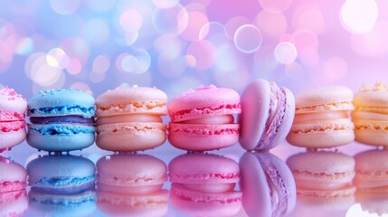 Obraz premium Exquisite macarons adorned with delicate sugar pearls, displayed against a dreamy pink and blue bokeh background, embodying a sense of luxury and sweetness.