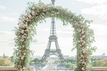 A couple exchanging vows in a formal wedding ceremony with the iconic Eiffel Tower as the backdrop, Parisian inspired wedding near the Eiffel Tower, AI Generated