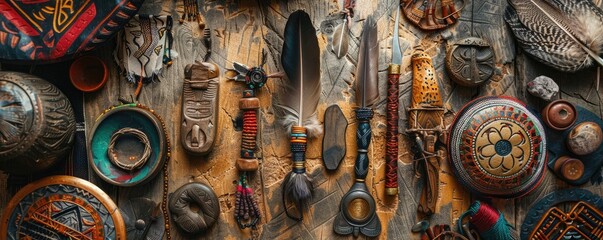 Close up of a Red Indian shamans tools sacred objects laid out for a spiritual ceremony - obrazy, fototapety, plakaty