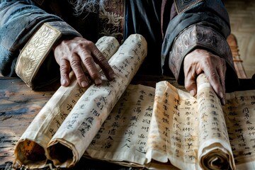 Close up of a Three Kingdoms strategist holding ancient scrolls plotting the next move
