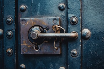 Fototapeta premium A detailed view of a metal padlock secured on a wooden door, Password protection symbolised by a heavy-duty lock, AI Generated