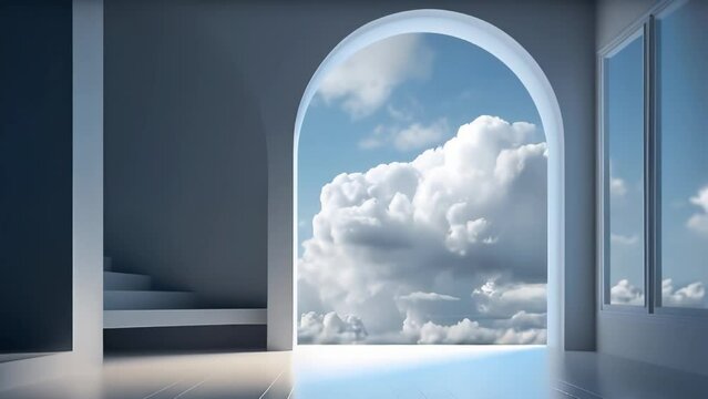 Generative AI Minimal style Modern white interior living room blank white wall and open arch entrance with white cloud outside. Futuristic weightless architectural element. AI generated video footage