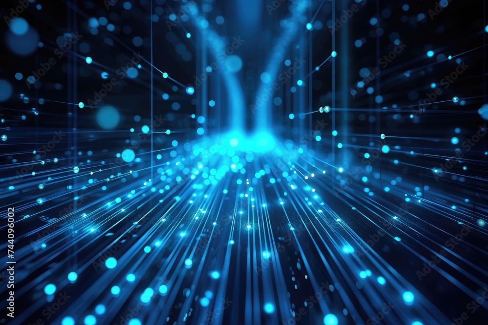 Poster an image of a blue abstract background featuring intersecting lines and scattered dots, background s