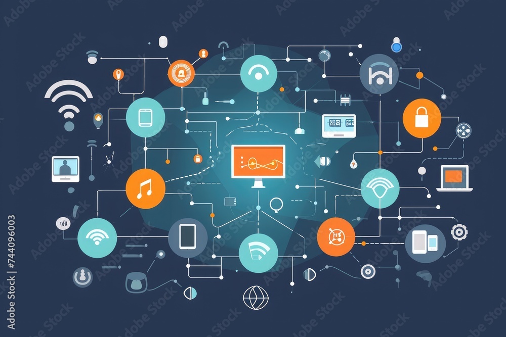 Poster a photo depicting a blue background with a circular arrangement of icons, background showing interne