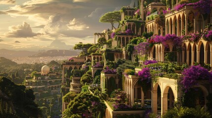 Lush terraces of the Hanging Gardens under a twilight sky ancient Babylons splendor reborn vibrant flora and architectural marvels