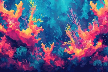 Fototapeta na wymiar A painting featuring various corals and algaes set against a vibrant blue background, Background with an abstract interpretation of a coral reef, AI Generated