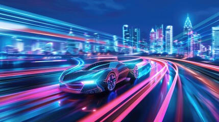 Fototapeta premium Sleek cyber city with neon lights and autonomous cars under a digital sky Energy pulses through the architecture