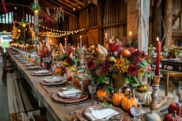 A Long Table Set for a Thanksgiving Dinner, Barn wedding in a rustic setting with harvest-themed decorations, AI Generated