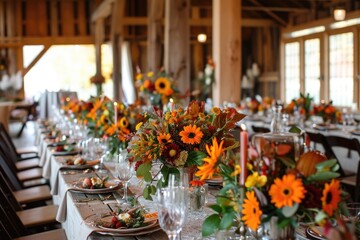 Fototapeta na wymiar A long table adorned with a variety of flowers arranged beautifully, Barn wedding in a rustic setting with harvest-themed decorations, AI Generated