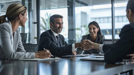 Professionals are engaged in a handshake over a meeting table, symbolizing a successful agreement or partnership in a corporate setting.