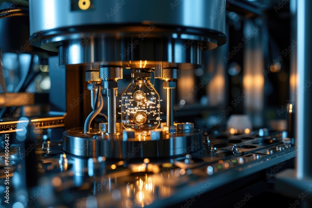 Poster a detailed view of a machine with a functioning clock mechanism displayed prominently, patient's dat
