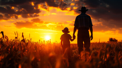 Silhouettes of an adult and child holding hands in a cornfield at sunset