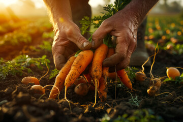 Close-up of hands picking organic carrots from the soil at sunset - obrazy, fototapety, plakaty