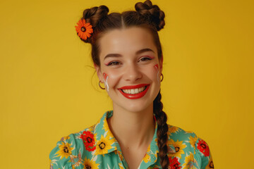 Vibrant young woman with braided hair, red lipstick, and face paint, laughing against a yellow background, floral shirt adding a playful touch.