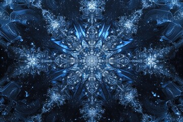 Close-Up of a Blue Snowflake on a Black Background, Pattern of fractal details reminiscent of snowflakes, AI Generated