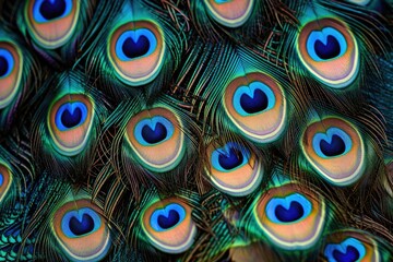 Obraz premium This close up view captures the vibrant colors and intricate patterns of a peacocks feathers in stunning detail, Patterned design of peacock feathers, AI Generated