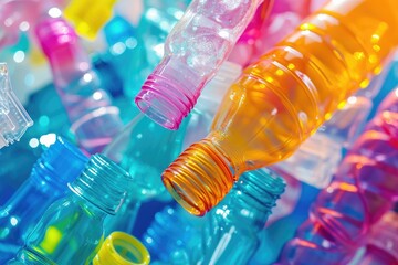 A detailed view capturing a variety of plastic bottles in different hues and colors, Biodegradable plastics produced by genetically engineered bacteria, AI Generated