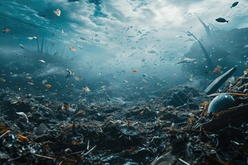 Oceans Polluted With Massive Amounts of Floating Trash, Bioengineered organisms cleaning up after an environmental disaster, AI Generated - obrazy, fototapety, plakaty