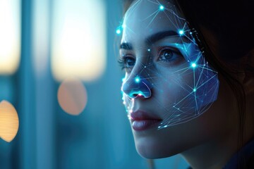 A woman with a futuristic face showcasing glowing lights, Biometric scanning for facial recognition, AI Generated