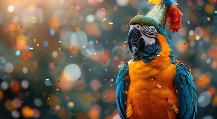 A majestic macaw perched outdoors, adorned with a vibrant feathered hat, showcasing the beauty and uniqueness of the animal kingdom - obrazy, fototapety, plakaty