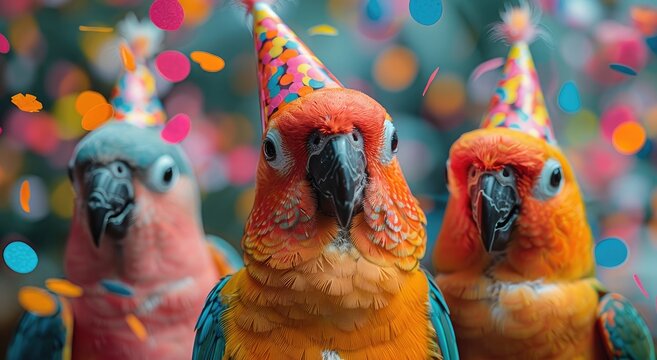 A flock of festive parrots donning vibrant party hats gather together in celebration, their colorful feathers and playful energy bringing joy to the animal kingdom