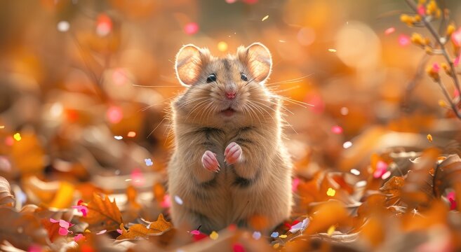 A curious muridae stands tall amidst a sea of colorful leaves, blending into its natural habitat while embodying the playful spirit of a wild hamster