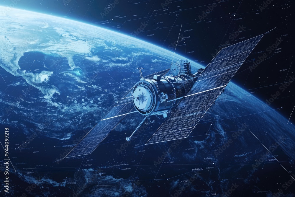 Poster this artists rendering depicts a satellite floating in space, showcasing its unique design and featu