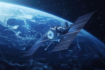 This artists rendering depicts a satellite floating in space, showcasing its unique design and features, Blueprint of a cutting-edge satellite floating in space, AI Generated