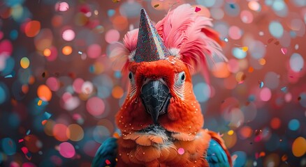 A colorful parrot proudly flaunts a festive party hat, adding a playful touch to its already lively and vibrant appearance