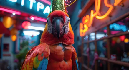 Dekokissen A vibrant red parrot stands proudly outdoors, donning a festive party hat, ready to celebrate with its feathered friends © Larisa AI