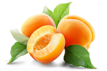 Ripe juicy half of an apricot and two whole apricots with leaves isolated on a transparent background.