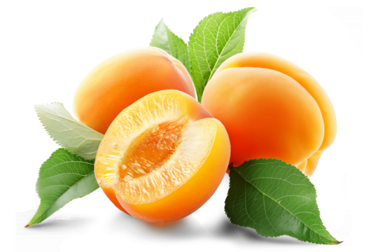 Ripe juicy half of an apricot and two whole apricots with leaves isolated on a transparent background.
