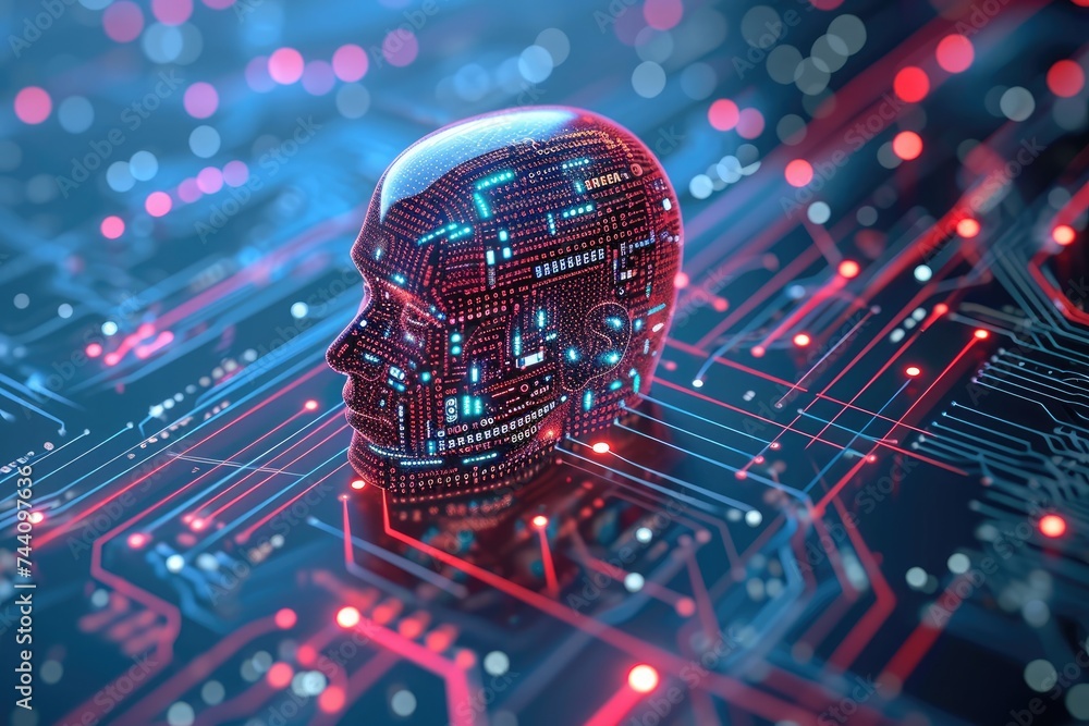 Poster a robot head placed atop a circuit board, showcasing the integration of technology and robotics, bra