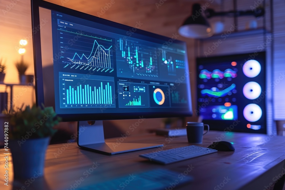 Poster a computer monitor is placed on top of a sturdy wooden desk, performance metrics and kpis in a digit
