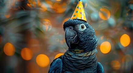 A colorful parrot perches proudly in the outdoors, adorned with a festive party hat, bringing joy and liveliness to any gathering - Powered by Adobe