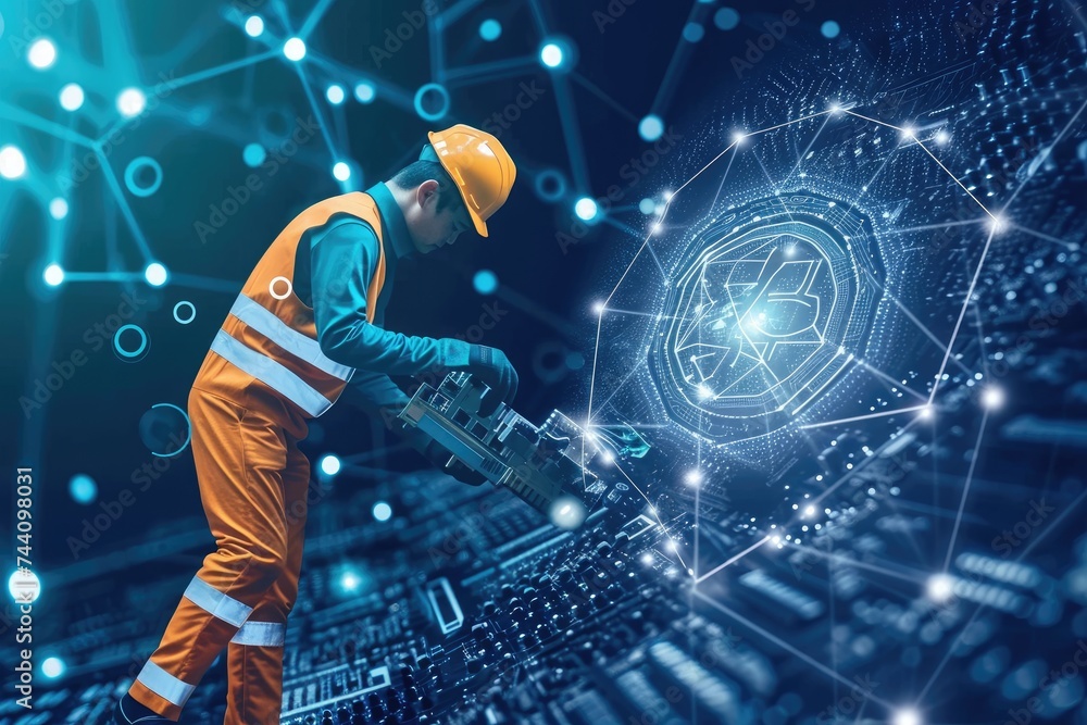Poster a man wearing safety gear diligently works on a computer screen in a high-tech laboratory, person mi