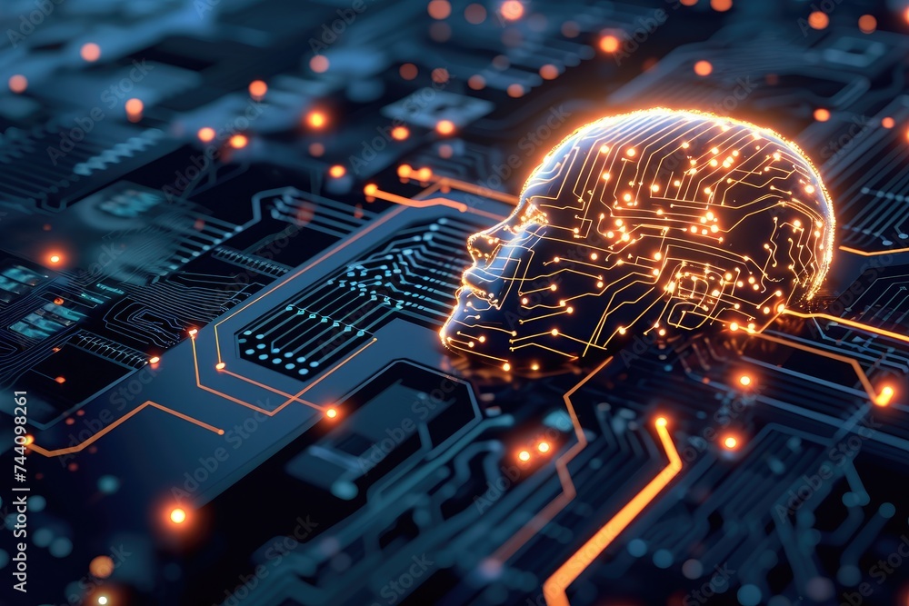 Poster a computer circuit board displaying a vibrant glow beneath a brain-shaped pattern, brain-computer in