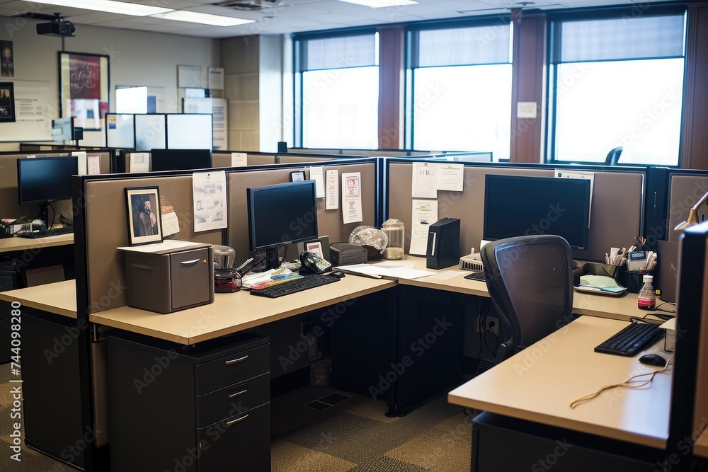 Poster an image of an office space showing multiple cubicles with computer screens, personalized office cub