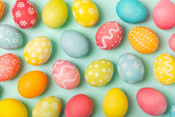 Easter eggs on a bright turquoise background. Easter celebration concept. Colorful easter handmade decorated Easter eggs. Place for text. Copy space.