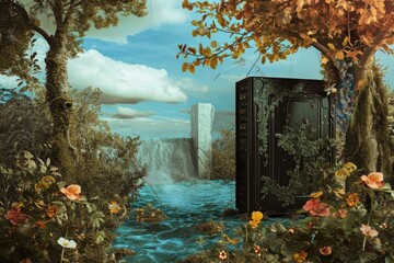 A detailed painting capturing the awe-inspiring beauty of a powerful waterfall surrounded by a dense forest, Personify a network attached storage device in a whimsical setting, AI Generated
