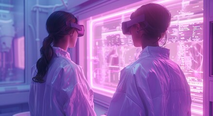 Two female scientists observe through a window, their white coats and goggles representing their determination to uncover the mysteries of the human face