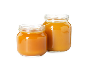 Baby food. Different healthy puree in jars isolated on white