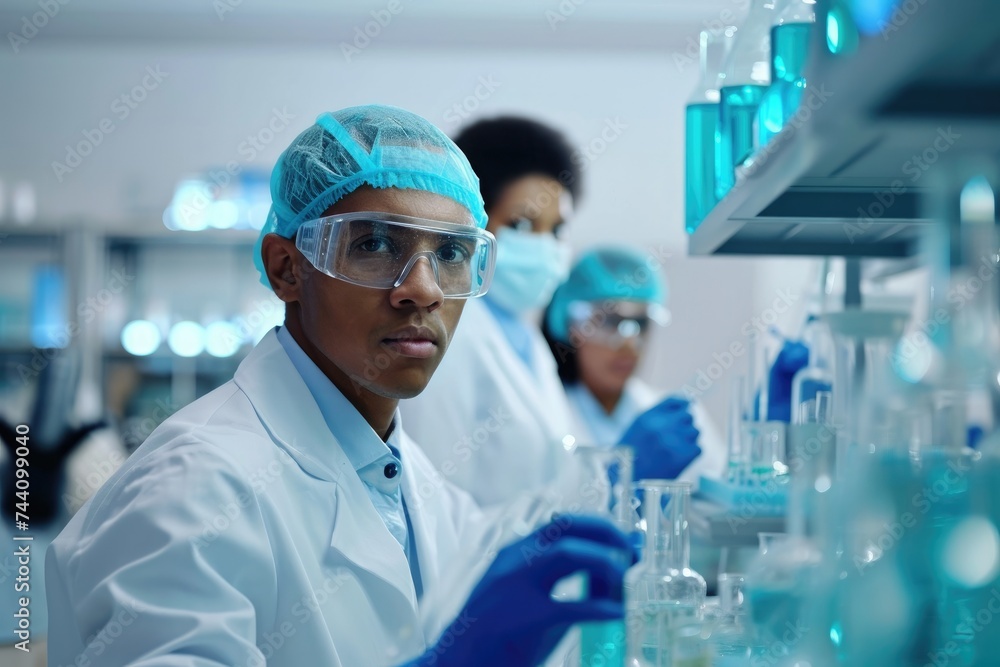 Poster a man in a white lab coat and goggles stands in a lab, conducting experiments and analyzing data, ph