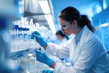 A scientist wearing a white lab coat and goggles, busy at work in a laboratory setting, Pharmaceutical researchers with biotech medicine, AI Generated